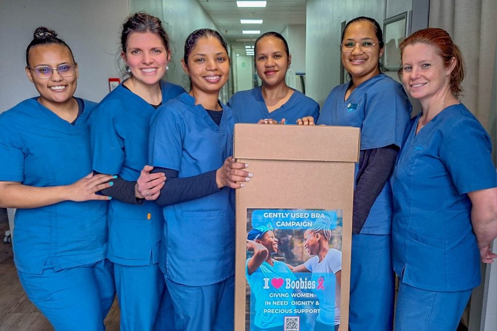 Pictured with the bra collection boxe is the Paarl mammography team.